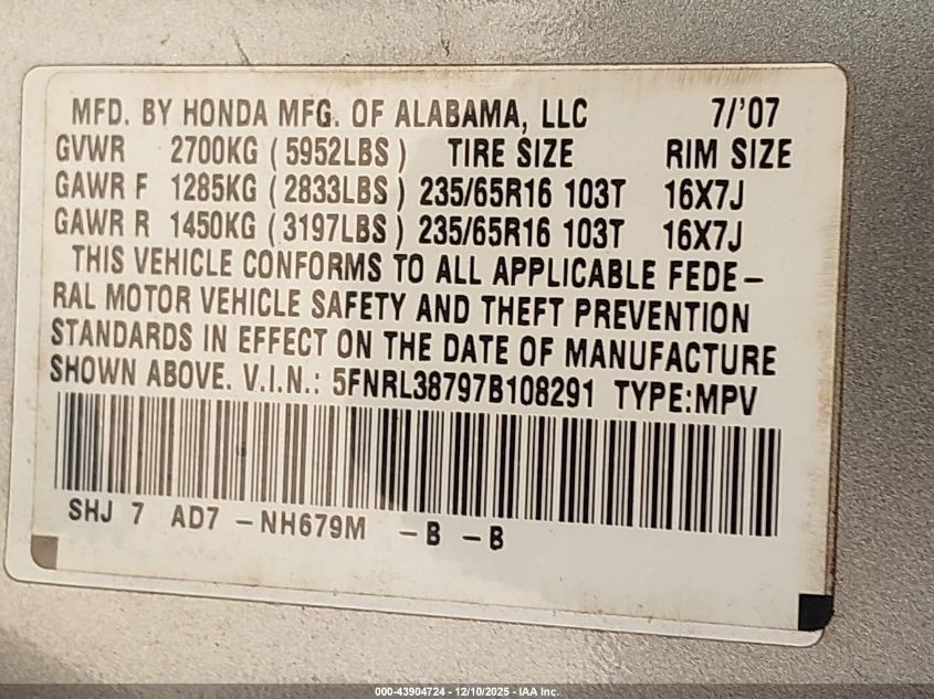 2007 Honda Odyssey Ex-L VIN: 5FNRL38797B108291 Lot: 43904724