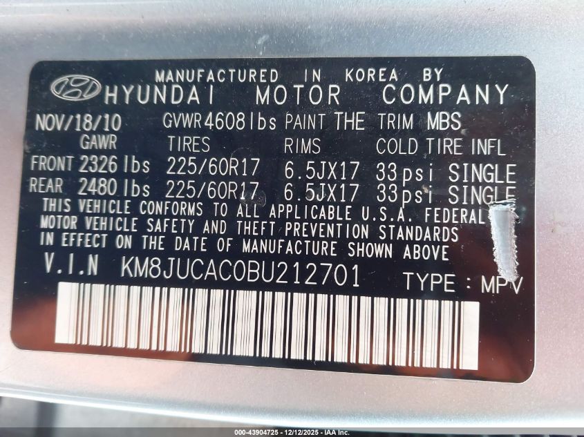 2011 Hyundai Tucson Gls VIN: KM8JUCAC0BU212701 Lot: 43904725