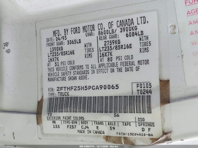 1993 Ford F250 VIN: 2FTHF25H5PCA90065 Lot: 43904733