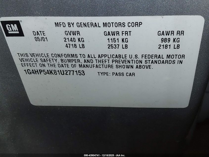 2001 Buick Lesabre Custom VIN: 1G4HP54K81U277153 Lot: 43904741