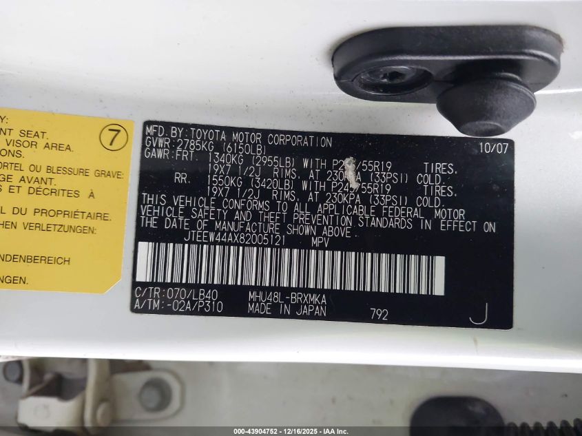 2008 Toyota Highlander Hybrid Limited VIN: JTEEW44AX82005121 Lot: 43904752