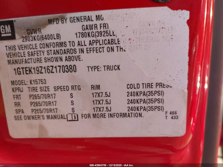 2006 GMC Sierra 1500 Sle2 VIN: 1GTEK19Z16Z170380 Lot: 43904759