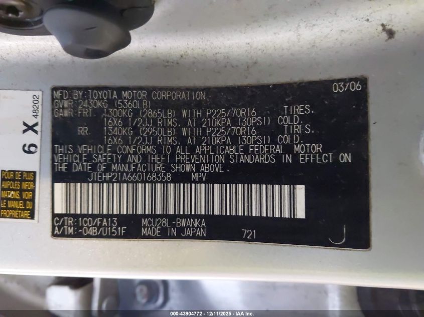 2006 Toyota Highlander V6 VIN: JTEHP21A660168358 Lot: 43904772