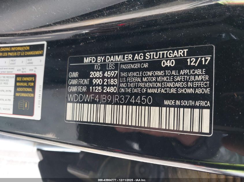 2018 Mercedes-Benz C 300 VIN: WDDWF4JB9JR374450 Lot: 43904777