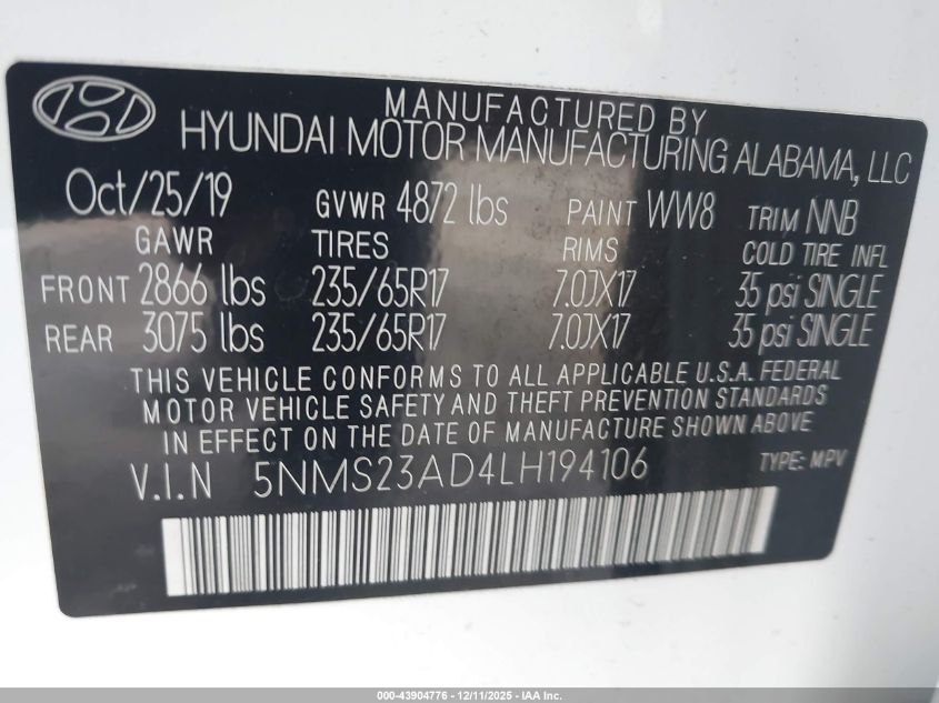 2020 Hyundai Santa Fe Se VIN: 5NMS23AD4LH19410 Lot: 43904776