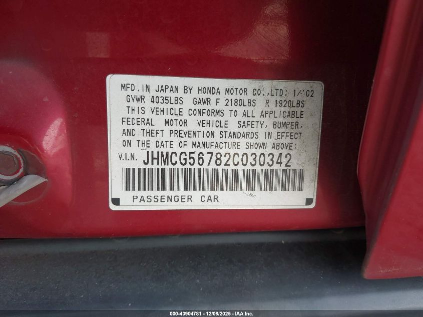 2002 Honda Accord 2.3 Se VIN: JHMCG56782C030342 Lot: 43904781