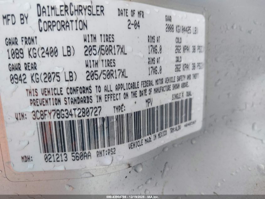 2004 Chrysler Pt Cruiser Gt VIN: 3C8FY78G34T280727 Lot: 43904786