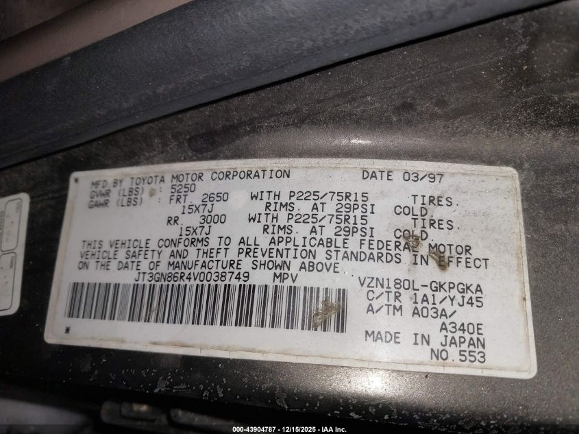 1997 Toyota 4Runner Sr5 V6 VIN: JT3GN86R4V0038749 Lot: 43904787