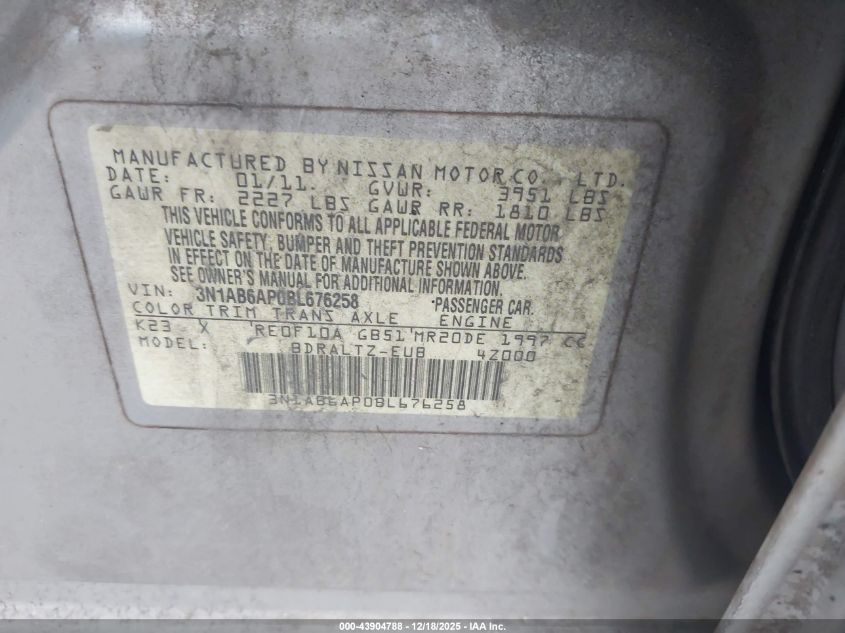 2011 Nissan Sentra 2.0S VIN: 3N1AB6AP0BL676258 Lot: 43904788