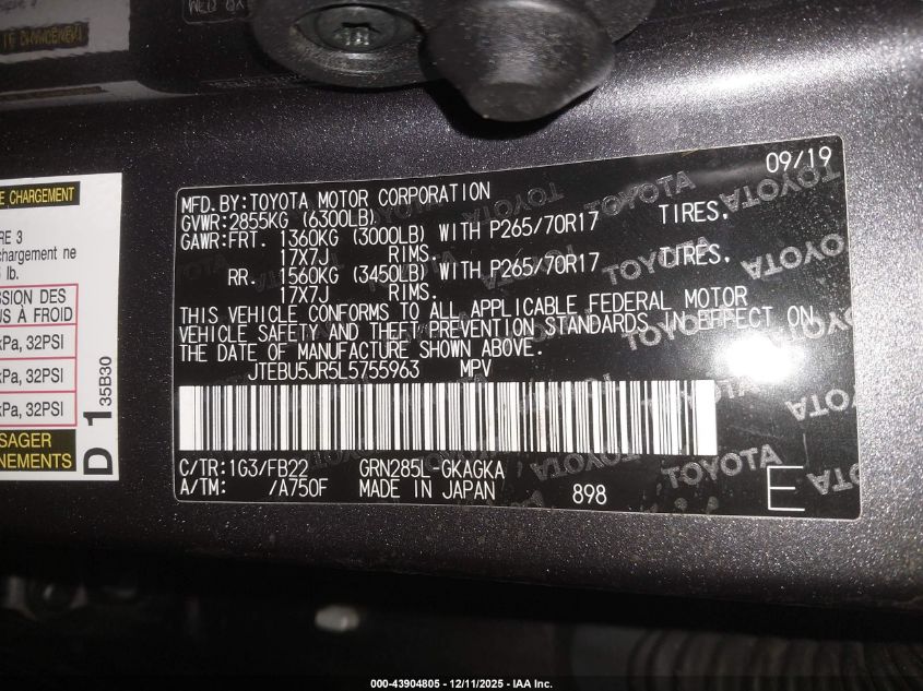 2020 Toyota 4Runner Sr5 VIN: JTEBU5JR5L5755963 Lot: 43904805