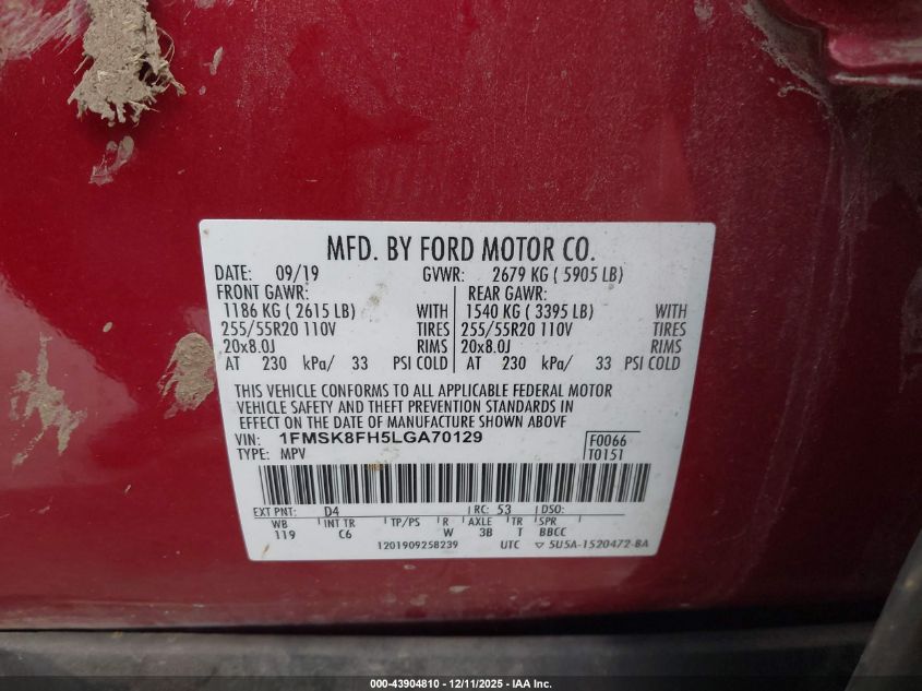 2020 Ford Explorer Limited VIN: 1FMSK8FH5LGA70129 Lot: 43904810