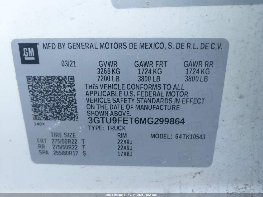 2021 GMC Sierra 1500 4Wd Short Box Denali VIN: 3GTU9FET6MG299864 Lot: 43904818