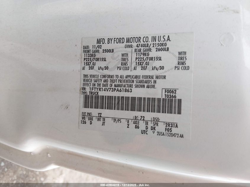 2003 Ford Ranger Edge/Tremor/Xl/Xlt VIN: 1FTYR14V73PA61863 Lot: 43904819