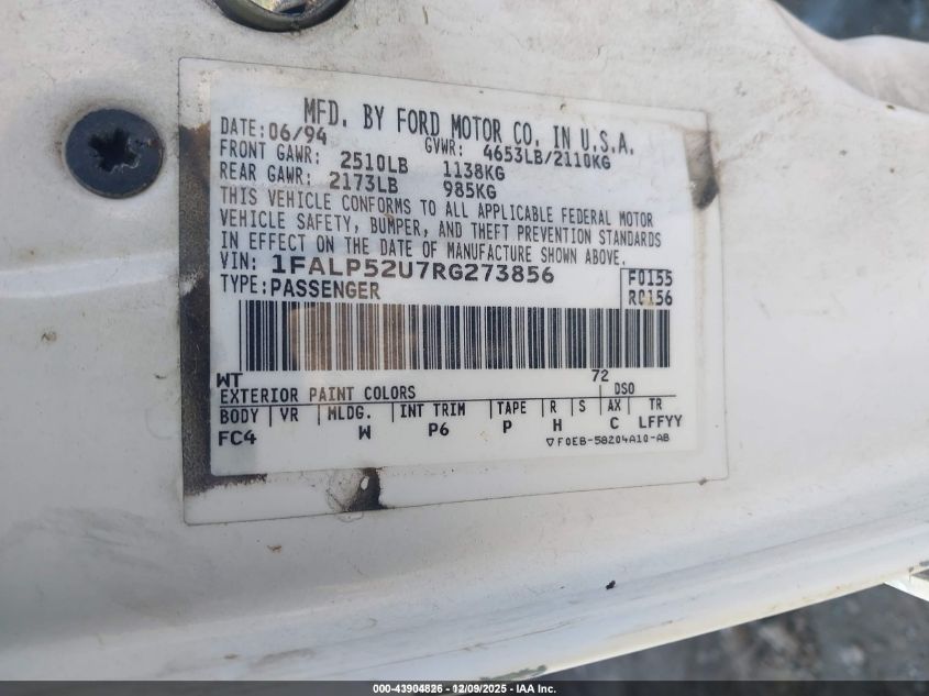 1994 Ford Taurus Gl VIN: 1FALP52U7RG273856 Lot: 43904826