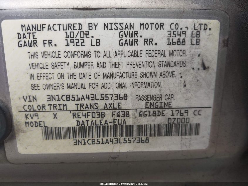 2003 Nissan Sentra Gxe VIN: 3N1CB51A43L557368 Lot: 43904833