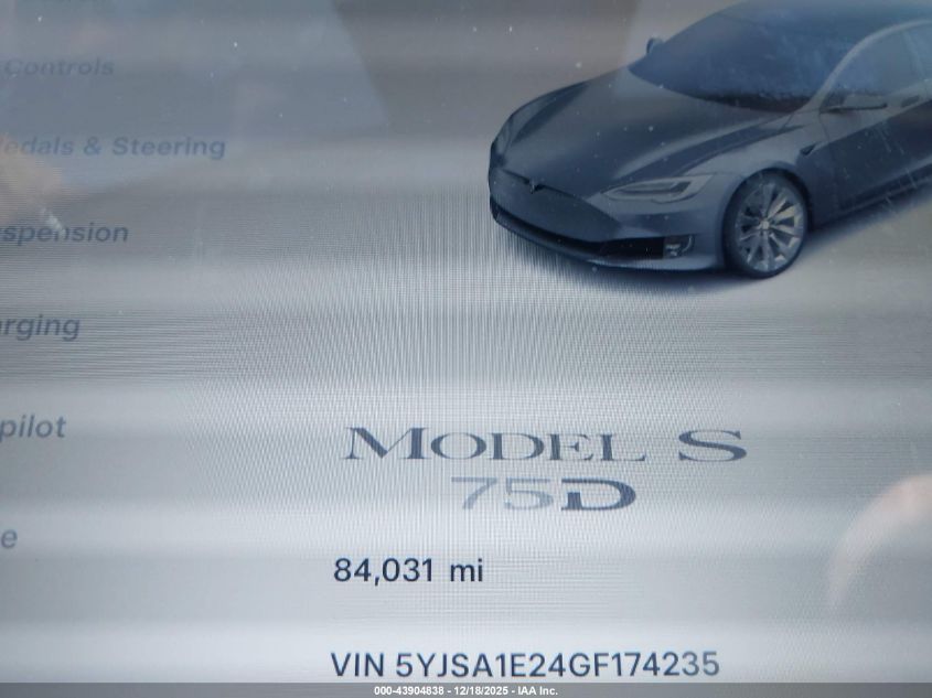 2016 Tesla Model S 60D/70D/75D/85D/90D VIN: 5YJSA1E24GF174235 Lot: 43904838