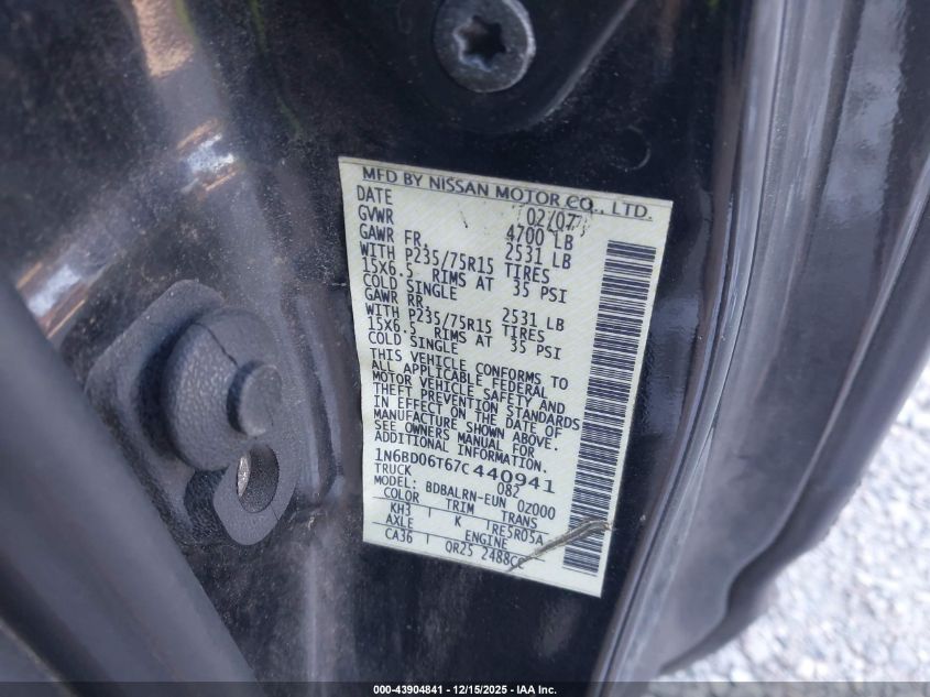 2007 Nissan Frontier Xe VIN: 1N6BD06T67C440941 Lot: 43904841