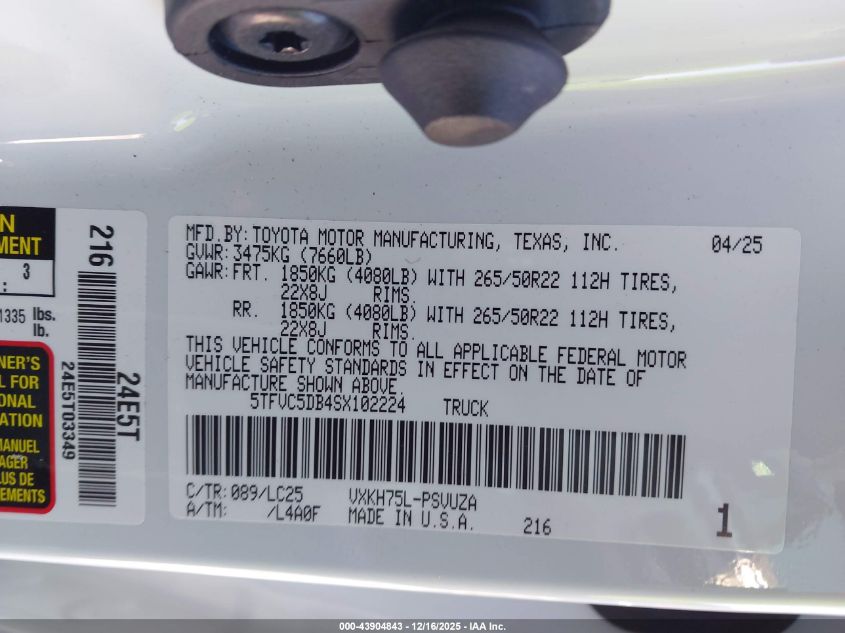 2025 Toyota Tundra Hybrid Capstone Crewmax 6.4' Bed VIN: 5TFVC5DB4SX102224 Lot: 43904843