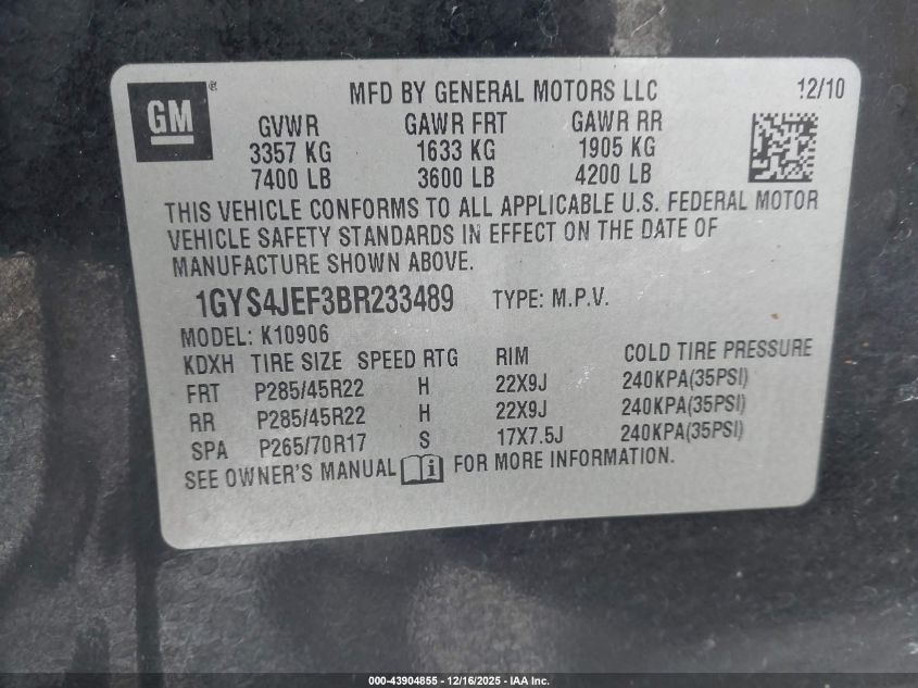 2011 Cadillac Escalade Esv Premium VIN: 1GYS4JEF3BR233489 Lot: 43904855