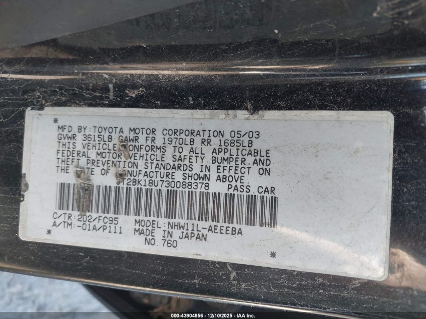 2003 Toyota Prius VIN: JT2BK18U730088378 Lot: 43904856