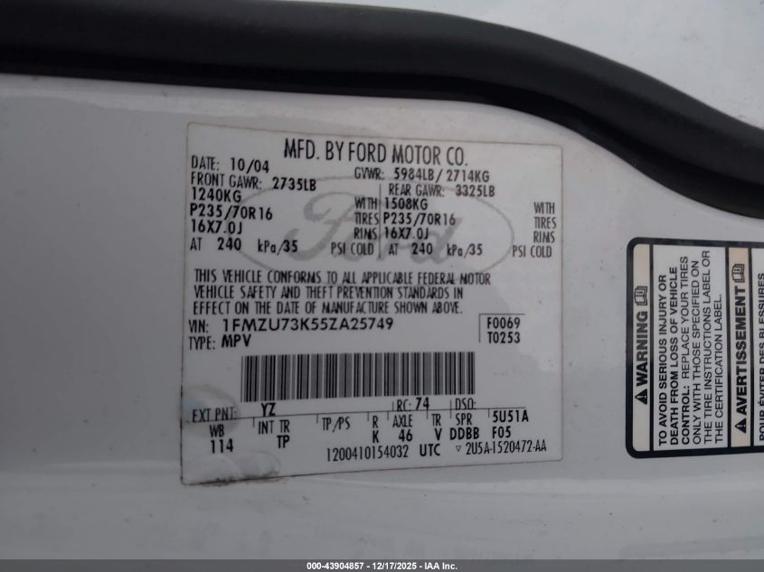 2005 Ford Explorer Xlt/Xlt Sport VIN: 1FMZU73K55ZA25749 Lot: 43904857