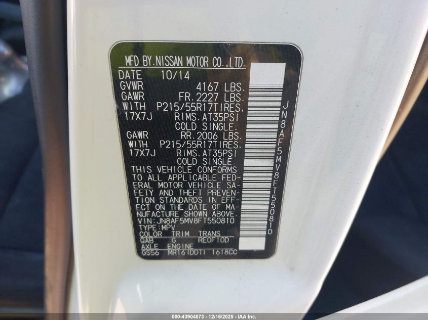 2015 Nissan Juke Sv VIN: JN8AF5MV8FT550810 Lot: 43904873