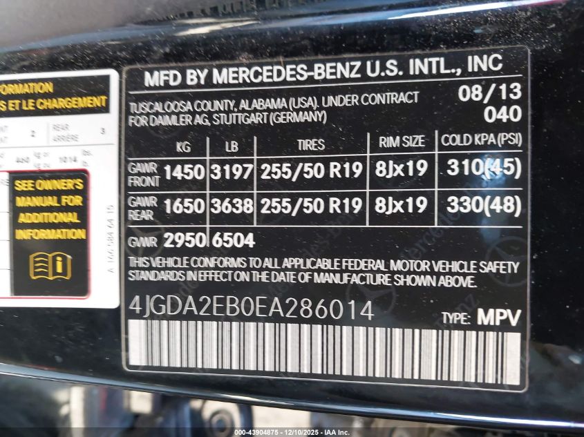 2014 Mercedes-Benz Ml 350 Bluetec 4Matic VIN: 4JGDA2EB0EA286014 Lot: 43904875