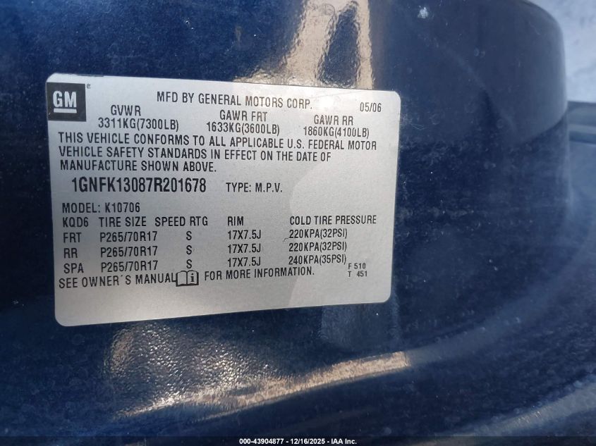 2007 Chevrolet Tahoe Lt VIN: 1GNFK13087R201678 Lot: 43904877