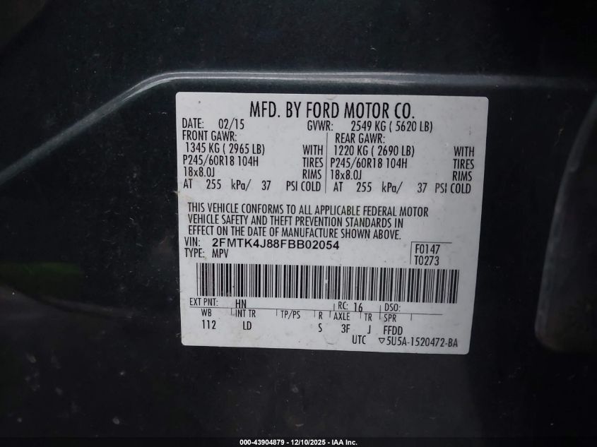 2015 Ford Edge Sel VIN: 2FMTK4J88FBB02054 Lot: 43904879