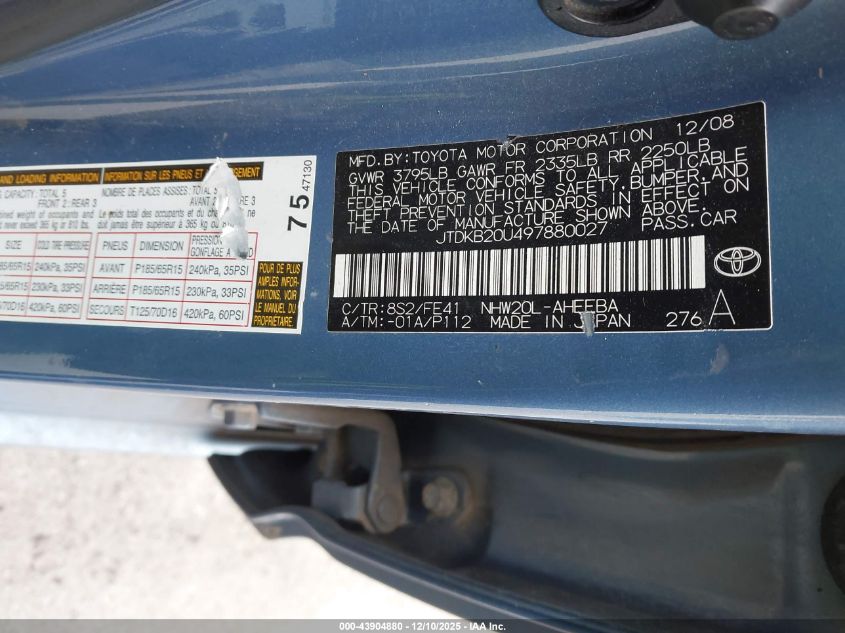 2009 Toyota Prius VIN: JTDKB20U497880027 Lot: 43904880