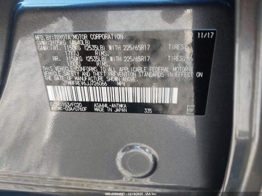 2018 Toyota Rav4 Xle VIN: JTMRFREV6JJ726066 Lot: 43904897