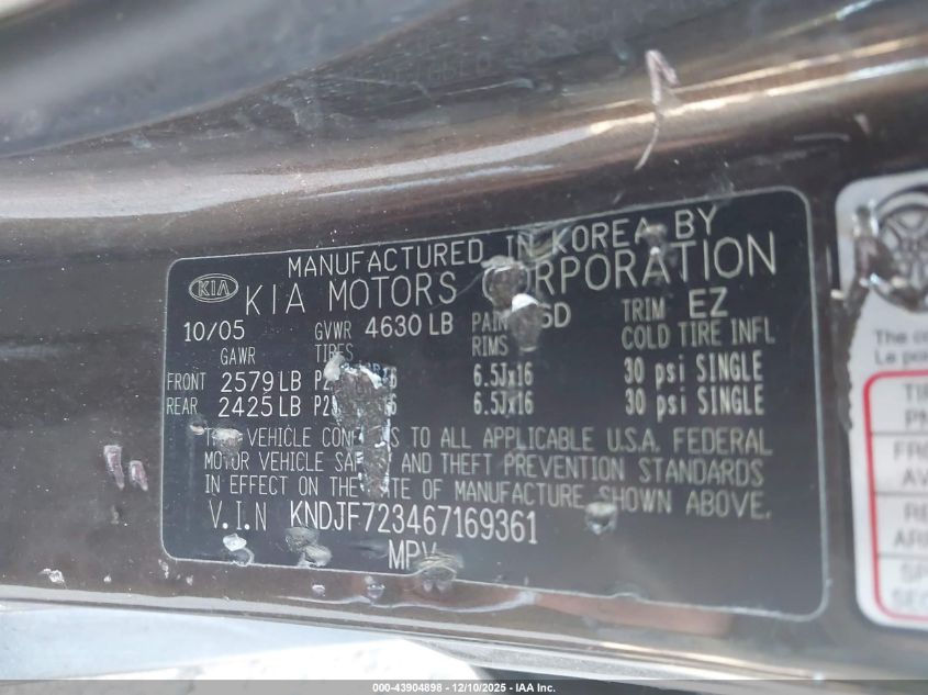 2006 Kia Sportage Ex V6/Lx V6 VIN: KNDJF723467169361 Lot: 43904898