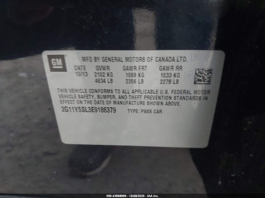 2014 Chevrolet Impala 1Ls VIN: 2G11Y5SL3E9186379 Lot: 43904908