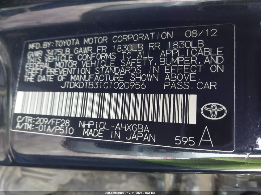 2012 Toyota Prius C Three VIN: JTDKDTB31C1020956 Lot: 43904909