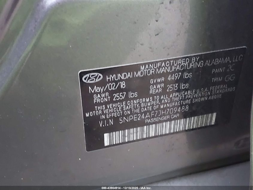 2018 Hyundai Sonata Se VIN: 5NPE24AF7JH709488 Lot: 43904914