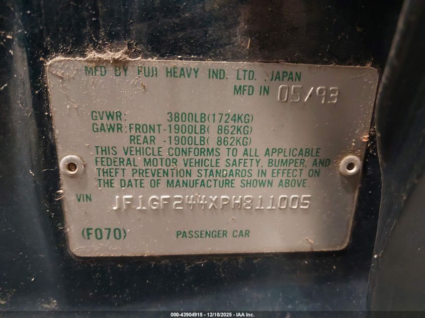 1993 Subaru Impreza L Plus VIN: JF1GF244XPH811005 Lot: 43904915