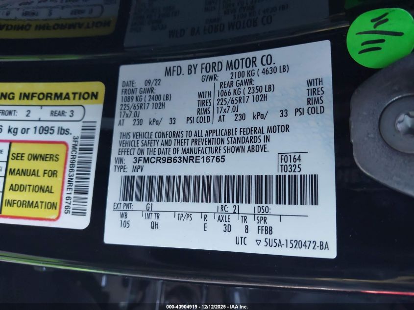 2022 Ford Bronco Sport Big Bend VIN: 3FMCR9B63NRE16765 Lot: 43904919