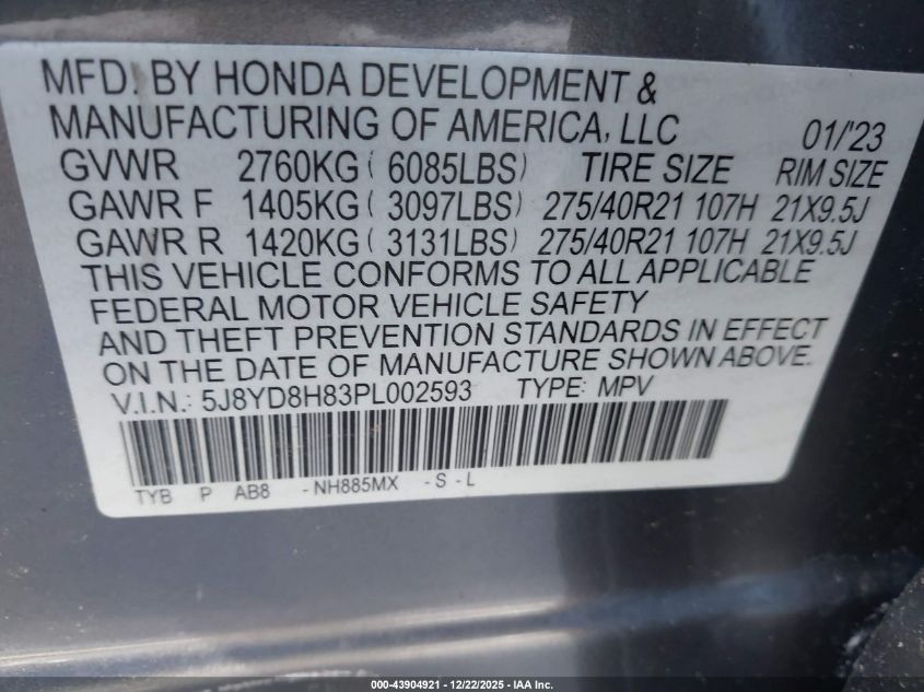2023 Acura Mdx Type S W/Advance Package VIN: 5J8YD8H83PL002593 Lot: 43904921