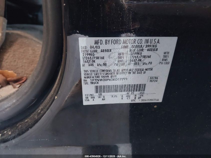 2003 Ford F-250 Lariat/Xl/Xlt VIN: 1FTNW20P63ED17771 Lot: 43904926