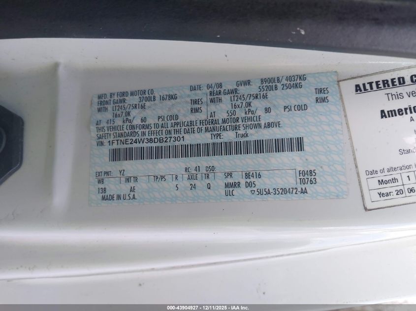 2008 Ford E-250 Commercial/Recreational VIN: 1FTNE24W38DB27301 Lot: 43904927