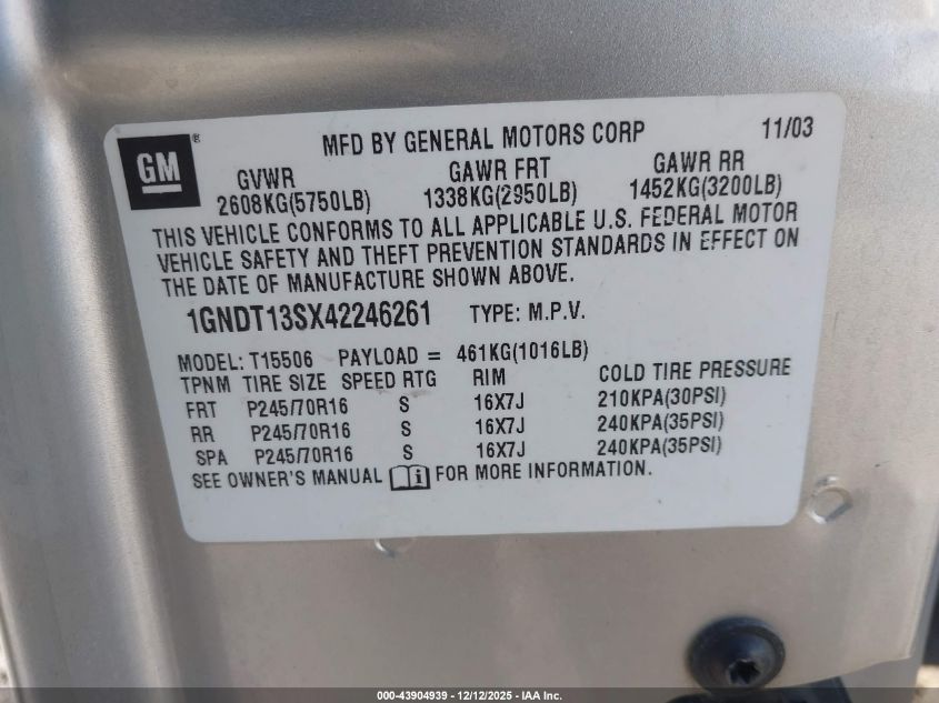 2004 Chevrolet Trailblazer Ls VIN: 1GNDT13SX42246261 Lot: 43904939