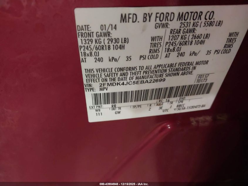 2014 Ford Edge Sel VIN: 2FMDK4JC5EBA22699 Lot: 43904948