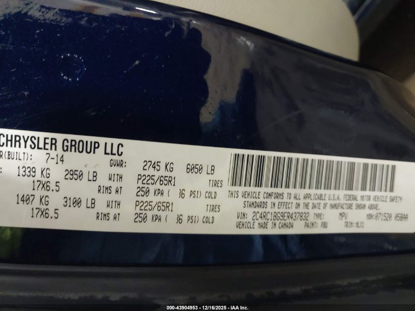 2014 Chrysler Town & Country Touring VIN: 2C4RC1BG9ER437832 Lot: 43904953