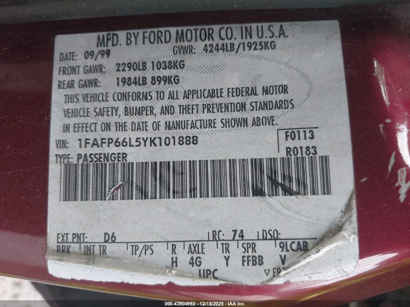 2000 Ford Contour Se Sport VIN: 1FAFP66L5YK101888 Lot: 43904952