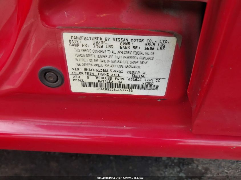 2006 Nissan Sentra 1.8S VIN: 3N1CB51D86L514411 Lot: 43904954