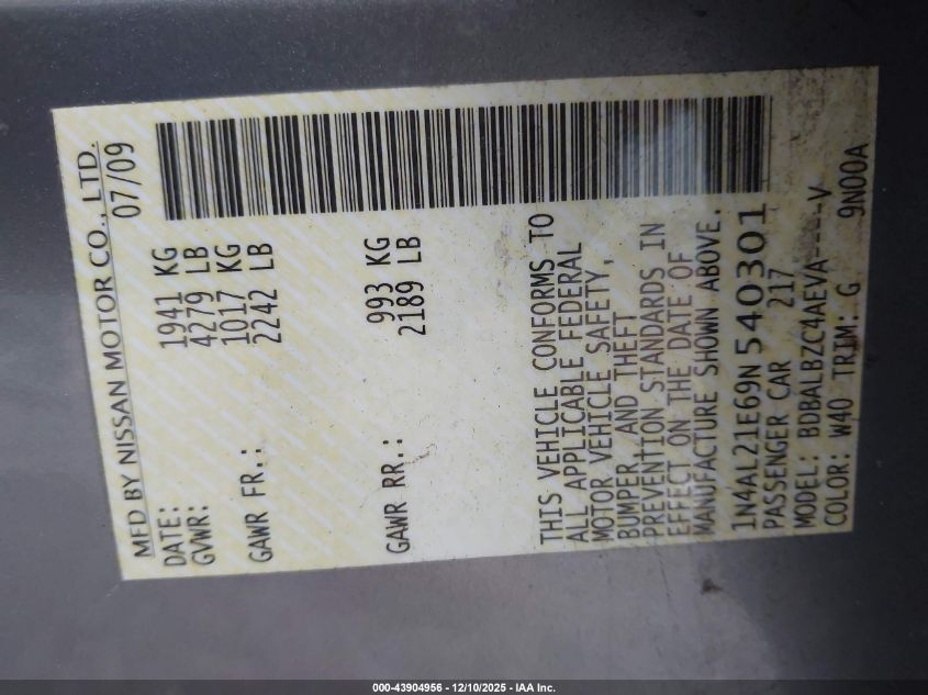 2009 Nissan Altima 2.5 S VIN: 1N4AL21E69N540301 Lot: 43904956