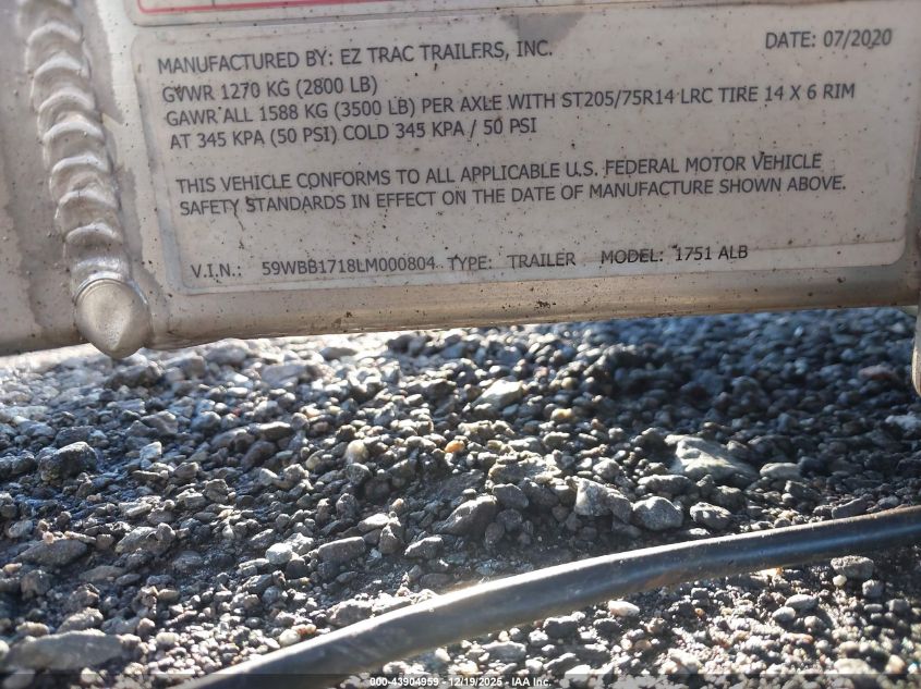 2010 Ez Loader 17' Boat Trailer VIN: 59WBB1718LM000804 Lot: 43904959
