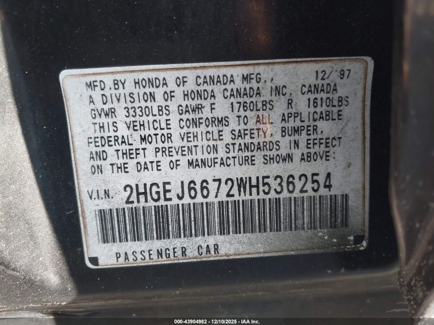 1998 Honda Civic Lx VIN: 2HGEJ6672WH536254 Lot: 43904982