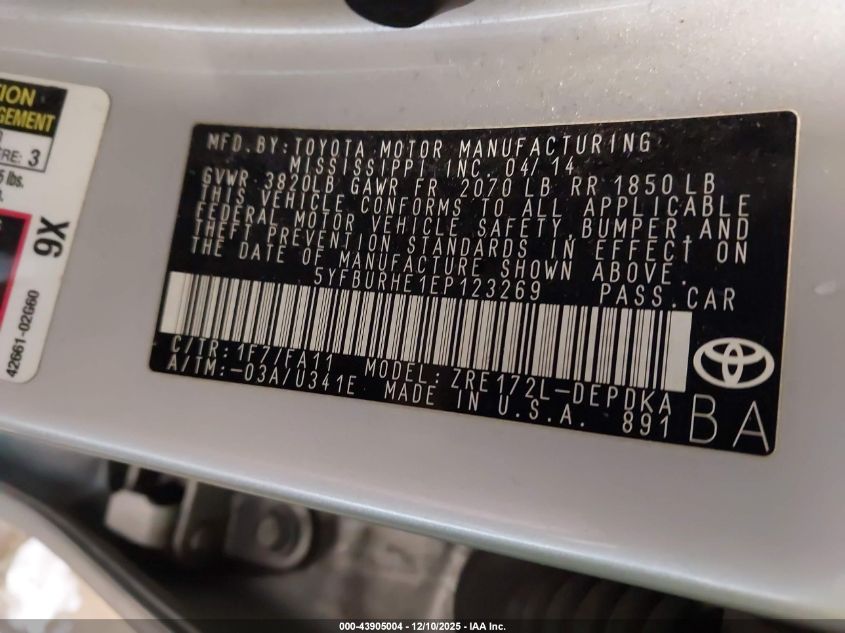 2014 Toyota Corolla L VIN: 5YFBURHE1EP123269 Lot: 43905004