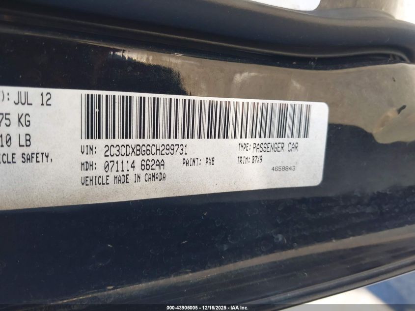 2012 Dodge Charger Se VIN: 2C3CDXBG6CH299731 Lot: 43905005